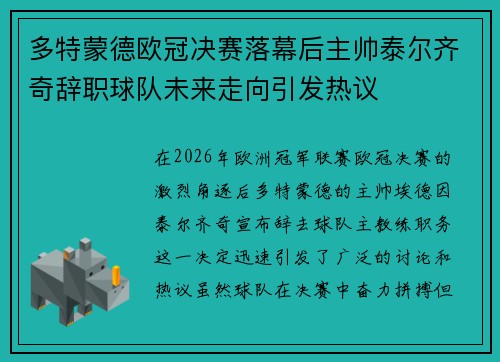 多特蒙德欧冠决赛落幕后主帅泰尔齐奇辞职球队未来走向引发热议